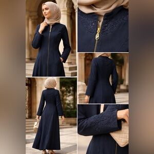 Sophisticated long abaya-style coat/dress by Alkhamaet – Islamic Fashion.